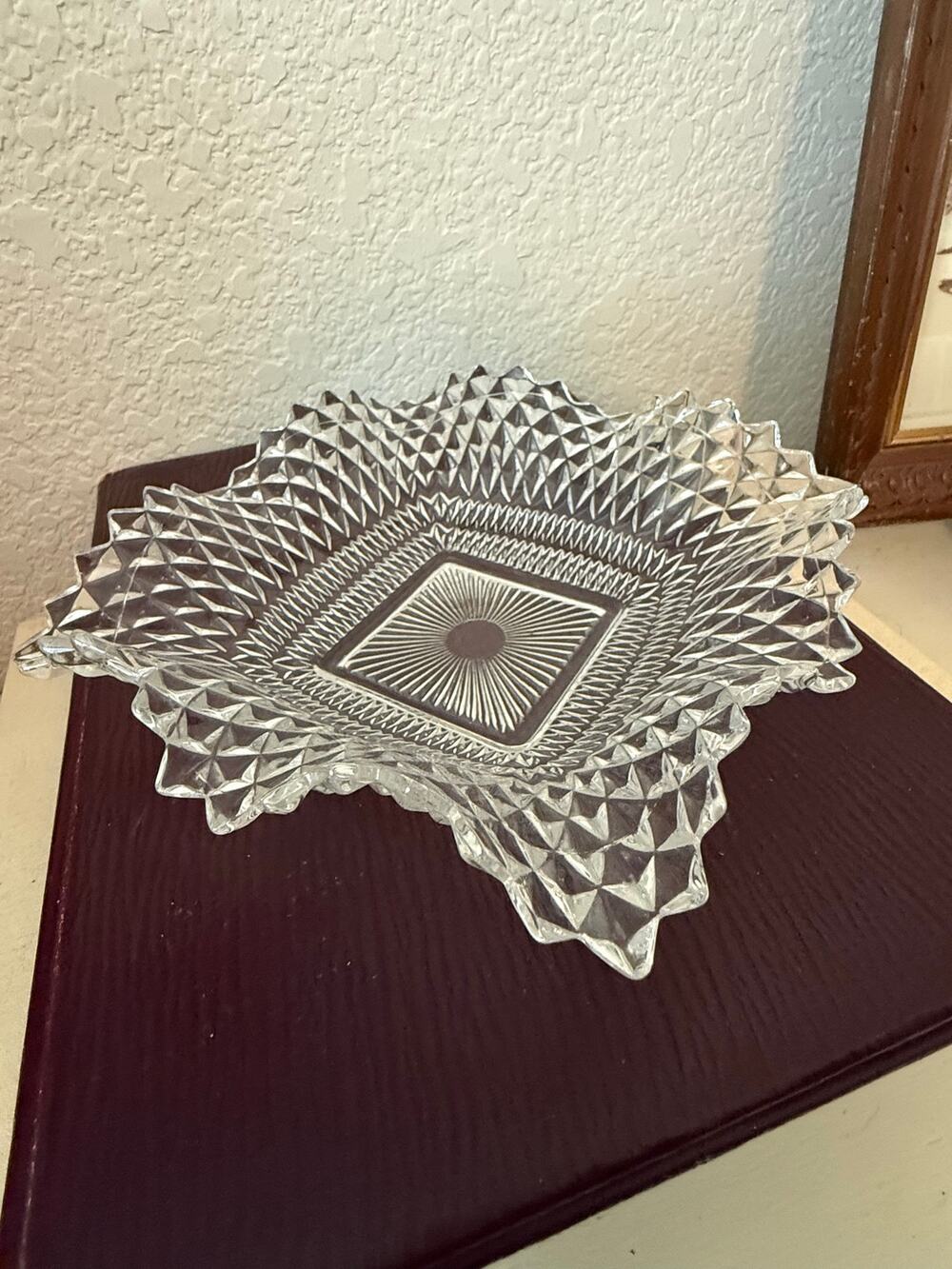 Vintage Indiana Glass Clear Diamond Point Square Bowl Sawtooth Edge 7.5"